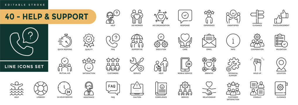 A collection of Help and Support icons set with editable stroke, including assistance, service, guidance, faq, customer service, responce, helpdesk. Thin linear vector illustration