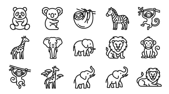 Cute Jungle Animal Icons: Panda, Koala, Sloth, Zebra, Monkey, Giraffe, Elephant, Lion