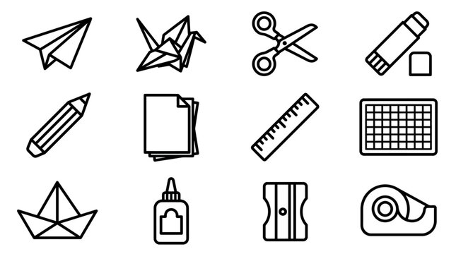 Origami Crafts and Art Supplies Icon Set: Paper Plane, Crane, Scissors, Glue, Pencil, Paper