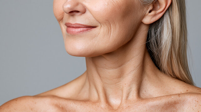 Mature woman highlighting the natural aging process on her face, jawline, neck, and decolletage, emphasizing skin health, self care, and beauty concepts for older adults