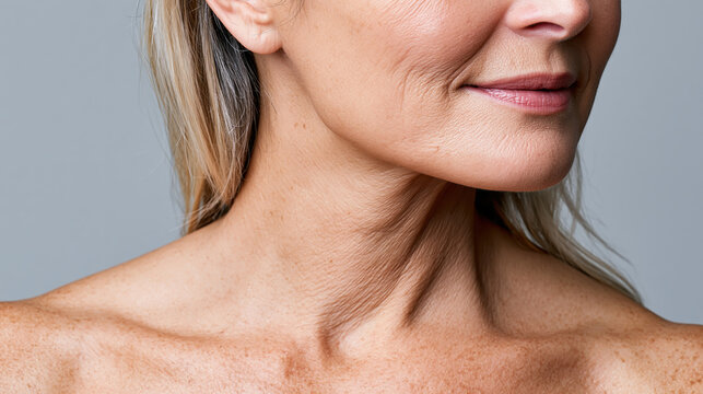 Mature woman showing her neck and decolletage, revealing aging skin with wrinkles and sagging, highlighting concepts of skincare, dermatology, and beauty concerns