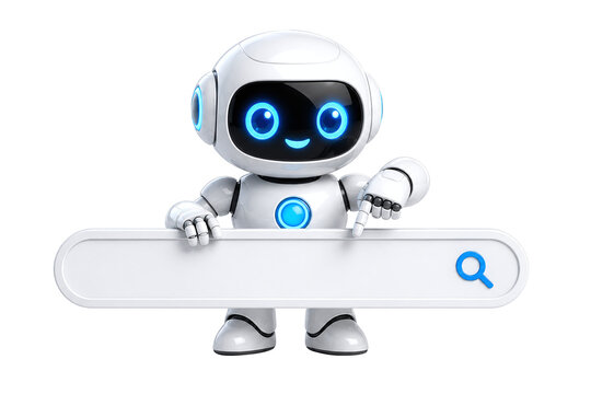 Cute 3D Robot Character Pointing at Blank Search Bar for Search Engine, SEO and Data Browsing Concepts. Artificial Intelligence Assistant Isolated on Transparent Background.
