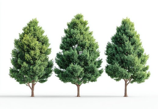 Three tall, conical, evergreen trees with lush green foliage against a white background