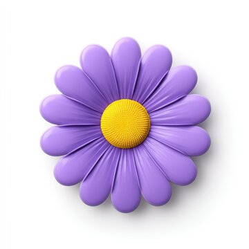 A vibrant purple daisy with a textured yellow center on a clean white background