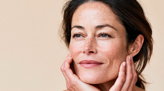 Mature woman with dark hair and freckles on her face gently touching her cheek, looking up and smiling softly, embodying natural beauty, self care, and wellness