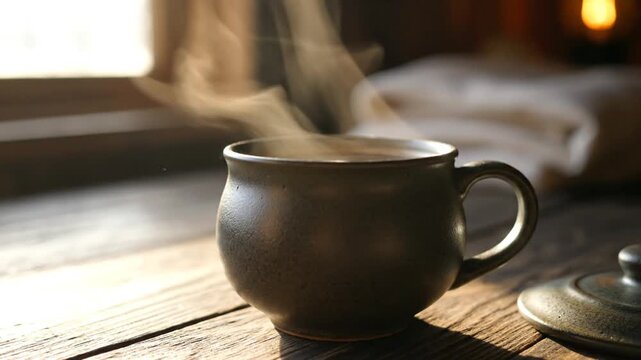 A steaming ceramic mug sits on a rustic wooden table surface