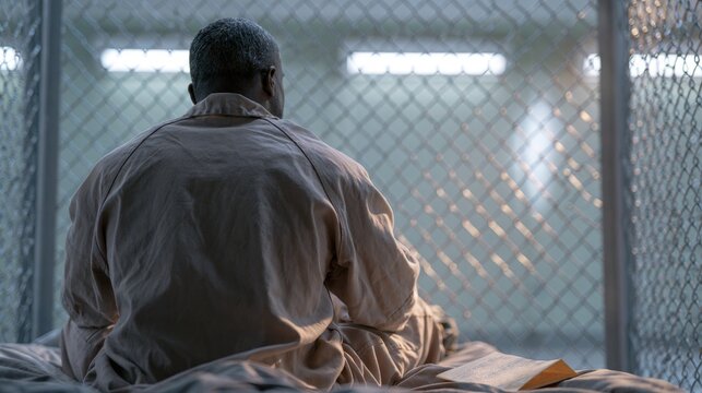 Man sitting on bed inside a small room with a metal fence in a prison setting during the day
