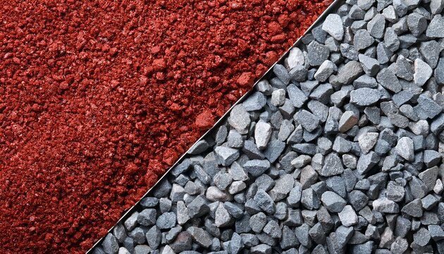 High Resolution Macro Flat Lay Of Two Contrasting Soil Types Red And Grey Gravel Split Diagonally Creating A Natural Textured Background