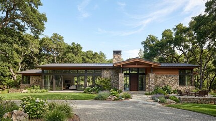 Fototapeta premium A modern stone and wood house sits among trees under a blue sky.