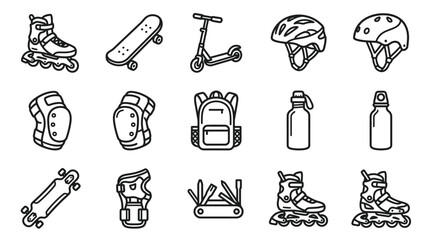 Skateboarding and Rollerblading Gear Icons Set: Helmet, Skateboard, Scooter, Roller Skates, Backpack © Brian