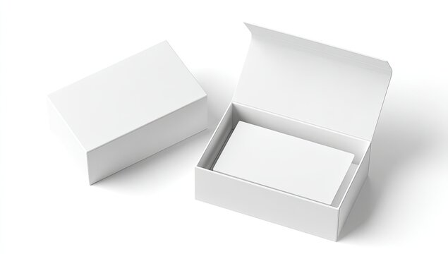 Clean white box, lid ajar, revealing blank interior card