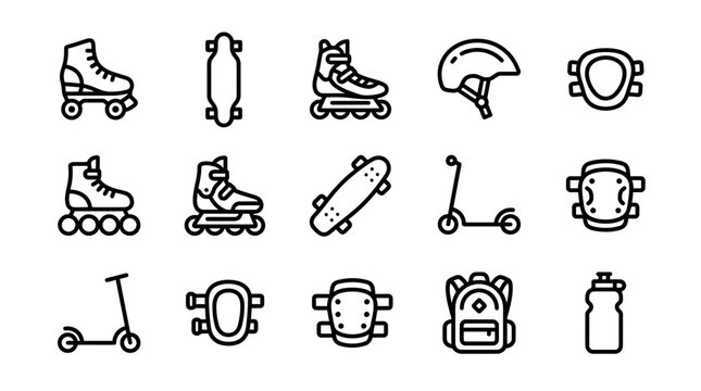 Inline Skates, Skateboards, Scooters, Helmet, Knee Pads, Backpack, Water Bottle Icons Set