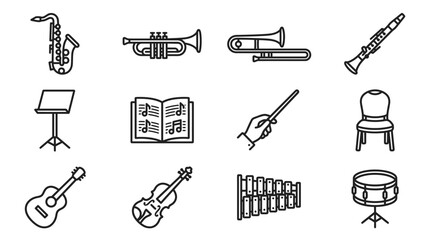 Orchestra Instruments and Music Icons Set - Saxophone, Trumpet, Violin, Guitar, Drums © Brian