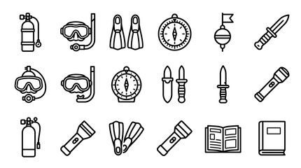Scuba Diving Equipment Icons Set: Oxygen Tank, Mask, Snorkel, Fins, Compass, Knife, Light © Brian