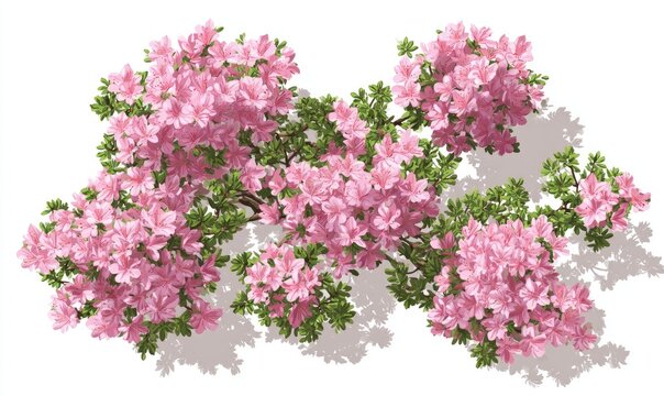 Overhead view of a blooming pink flowering bush casting shadows