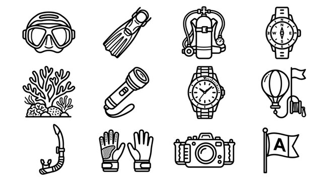 Scuba Diving Equipment Icons Set: Mask, Fins, Tank, Watch, Coral, Flashlight, Camera, Flags