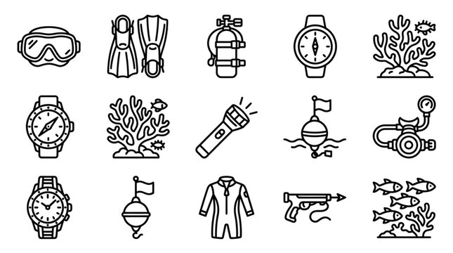Scuba Diving Equipment Icons: Mask, Fins, Tank, Watch, Coral, Flashlight, Buoy, Speargun, Wetsuit