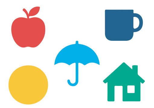 This vibrant vector asset pack features a collection of five minimalist flat icons set against a clean white background. Representing simple everyday objects and concepts, the graphics include a red a