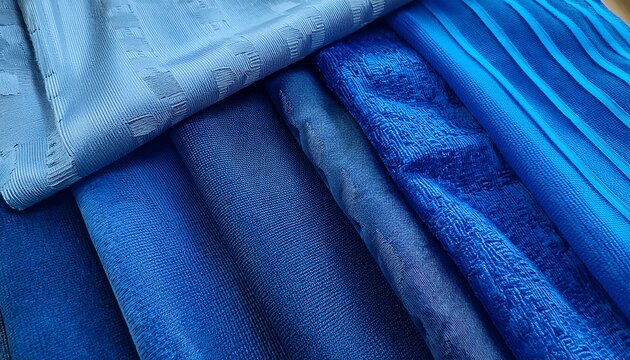Velour Boucle And Chenille Fabric Samples Arranged In A Cold Blue Palette Colors