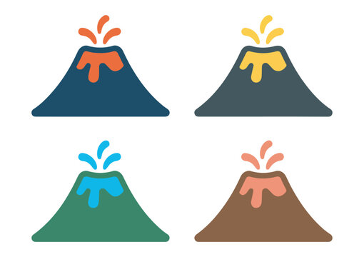 This collection features four clean, flat design icons representing different stages of volcanic activity, including active eruptions with lava and mountain peaks. These versatile icons are perfect fo