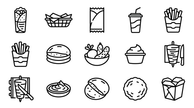 Fast Food Icons: Shawarma, Burger, Fries, Wrap, Drink, Salad, Pizza