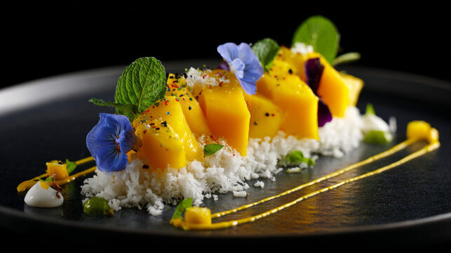 An elegant presentation of mango dessert garnished with edible flowers and mint leaves on a black plate