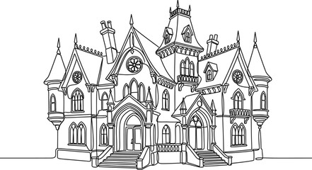 Detailed Line Art Illustration of a Victorian Gothic Mansion House. © gunidea