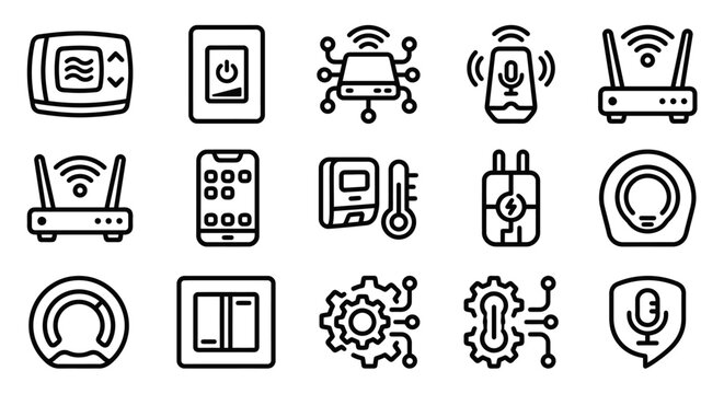 Smart Home Technology Icons: Thermostat, Switch, Router, Phone, Sensor, Microphone