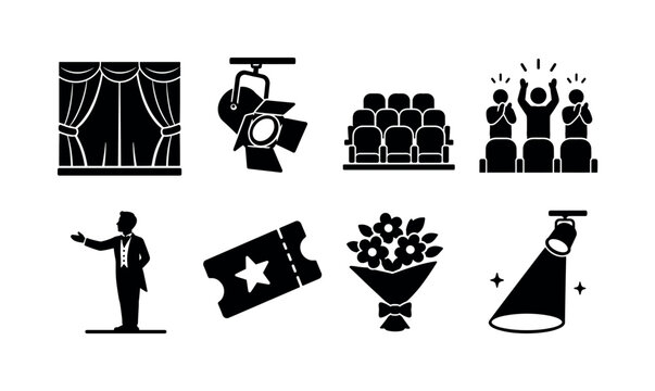 Theater Performance Finale. Filled icon set of Theater Performance Finale: closing curtain, stage spotlight, audience seats, standing ovation, actor silhouette, theater ticket, flower bouquet,