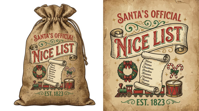 Festive Christmas Nice List Design for Santa Claus Sack Featuring Elegant Typography and Holiday Scroll Ornamentation SVG Vector Illustration for Seasonal Crafting Projects