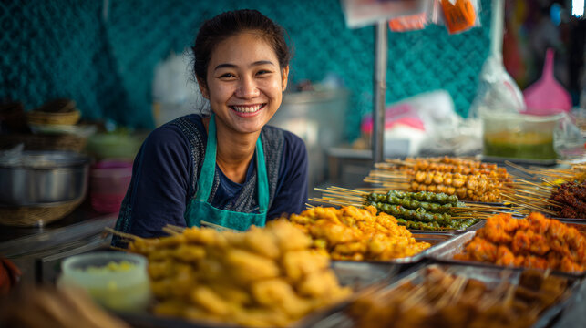 Happy vendor at a lively street food market offering tasty skewers and crispy snacks for hungry customers