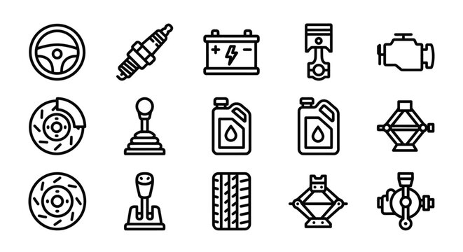 Car Parts Icons: Steering Wheel, Spark Plug, Battery, Piston, Engine, Brake, Gear Shift, Oil, Jack