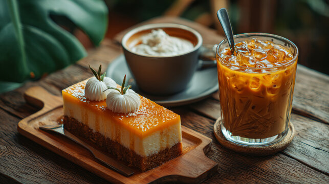 Indulgent dessert display with creamy cheesecake iced coffee and fluffy whipped cream set on a warm inviting table