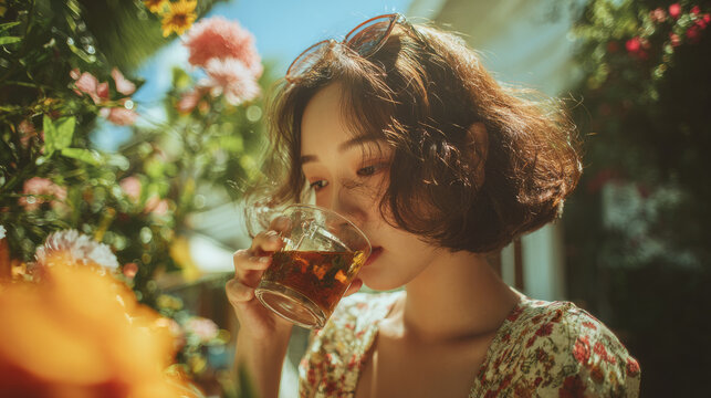 Woman savoring a cool drink amidst colorful flowers in a sunny garden atmosphere