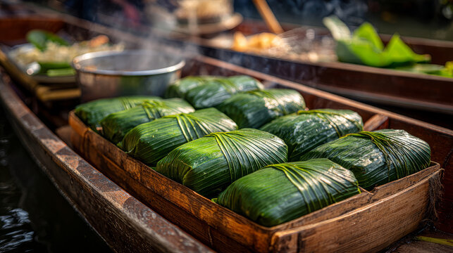 Delicious bamboo leaf wrapped rice treats served on a boat at a vibrant floating market