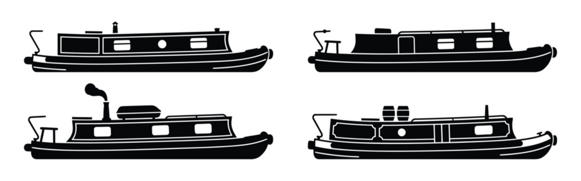 Set of black silhouettes of narrowboat canal boats for river and inland waterway travel