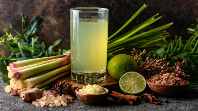 Invigorating herbal beverage featuring lemongrass ginger and lime accompanied by vibrant fresh ingredients