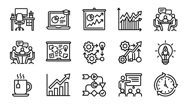Business Growth Strategy Icons: Planning, Meetings, Data Analysis, Innovation