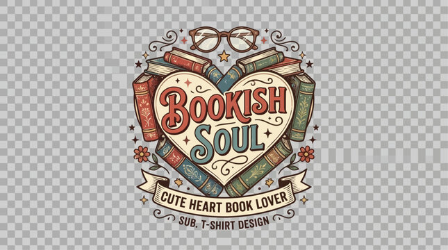 Adorable Bookish Soul Illustration Featuring a Charming Heart and Stack of Books for Bibliophiles and Avid Readers, Perfect for Aesthetic Sublimation T-Shirt Design and Literary Merchandise.