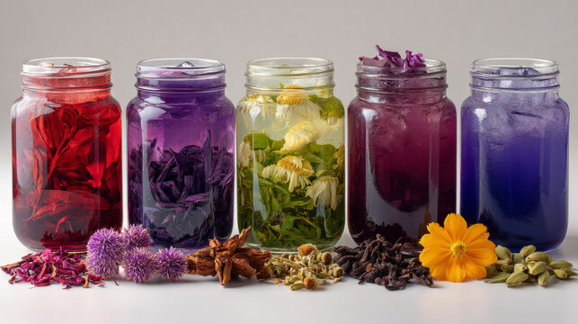 A vibrant assortment of herbal infusions showcased in glass jars highlighting the beauty of natural ingredients
