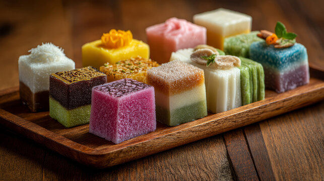 Vibrant selection of classic sweets displayed on a rustic wooden tray perfect for dessert enthusiasts