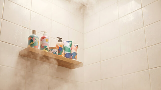 Steamy bathroom corner with wooden shelf holding colorful bottles of bath and body products