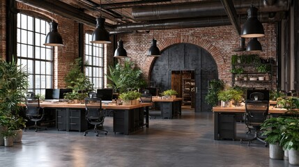 Fototapeta premium Dark industrial brick office with indoor trees.