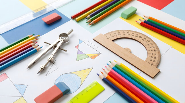 Colorful pencils compass protractor and geometric drawing tools arranged on a desk