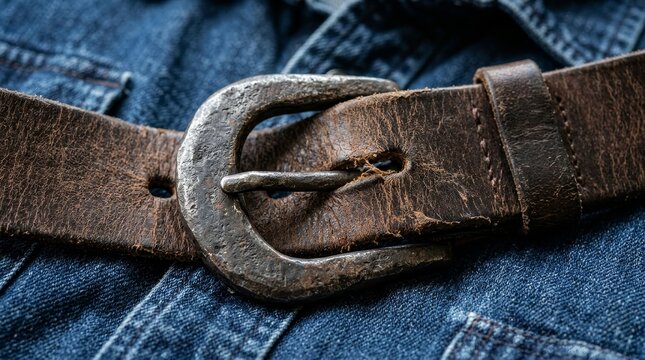 A worn brown leather belt rests across blue denim jeans.