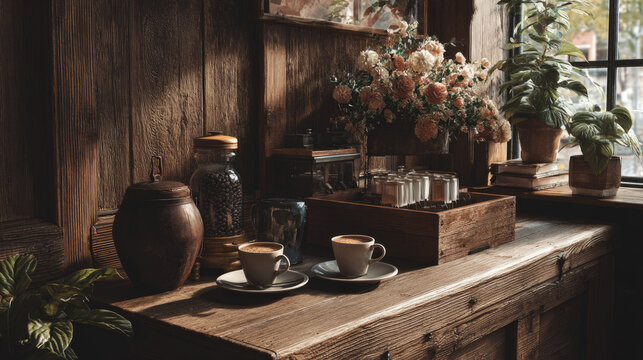 Inviting coffee corner featuring a beautiful floral display and charming rustic elements in a cozy wooden setting