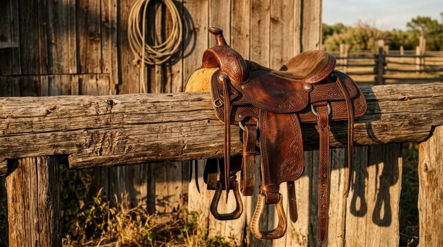 Leather western saddle hangs on a weathered wooden fence at sunset.