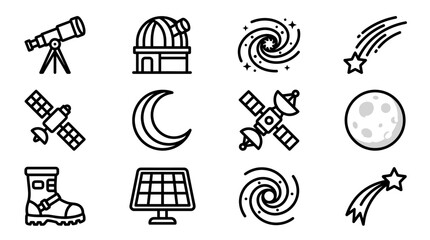 Space Icons: Telescope, Observatory, Galaxy, Moon, Satellite, Comet, Boot, Solar Panel © Brian