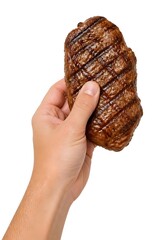 Naklejka premium Hand holding grilled meat patty