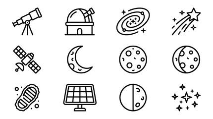 Space Icons: Telescope, Observatory, Galaxy, Comet, Satellite, Moon, Planets, Footprint © Brian